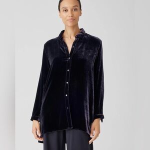 Eileen Fisher Velvet Classic Collar Long Tunic Silk Blend Shirt — Size Large